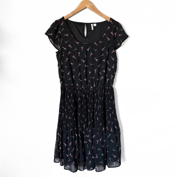 Elle Eiffel Tower Heart Print Black Pleated Mini Dress Womens Small Paris Retro - Picture 2 of 15